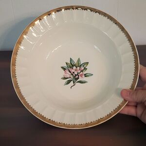 Lovely Vintage Floral Serving Bowl Dish with Fluted Gold Etched Rim